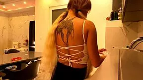 Hot Tattooed Blonde Coed Flashes Meaty Pussy And Ass In Kitchen Panties Off