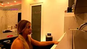 Hot Tattooed Blonde Coed Flashes Meaty Pussy And Ass In Kitchen Panties Off