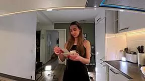 sexy brunette dorm babe in nightie spreads long legs bored in kitchen ignoring all