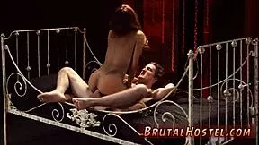 damn this redhead teen takes a creampie in rough bdsm threesome domination
