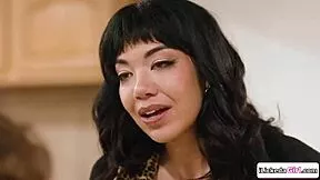 big tits stepmom straps on and fucks her virgin stepdaughter's hairy pussy till she squirts