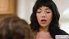 big tits stepmom straps on and fucks her virgin stepdaughter's hairy pussy till she squirts