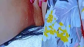 wet latina teen's pink shaved pussy stretched by glass dildo post-beach