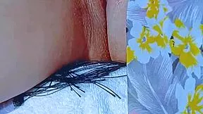 wet latina teen's pink shaved pussy stretched by glass dildo post-beach