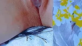 wet latina teen's pink shaved pussy stretched by glass dildo post-beach