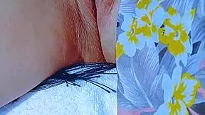 wet latina teen's pink shaved pussy stretched by glass dildo post-beach