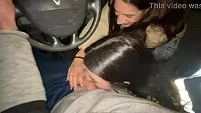 skinny french tattooed babes give sloppy double deepthroat blowjob in driving van