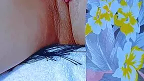 wet latina teen's pink shaved pussy stretched by glass dildo post-beach