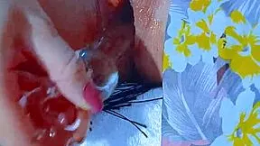 wet latina teen's pink shaved pussy stretched by glass dildo post-beach