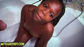 Petite Ebony Teen Drowns in Piss and Spit from Intense Sloppy Deepthroat