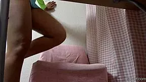 under that desk miniskirt hides her perfect thong cameltoe and big boobs