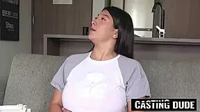 Massive tits Latina chokes on BWC in rough throat fuck POV with American producer domination