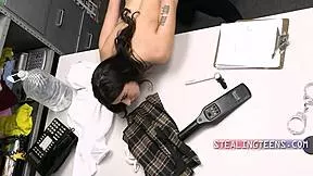 Nervous brunette shoplifter Gal Ritchie submits to rough office punishment fuck in the garage