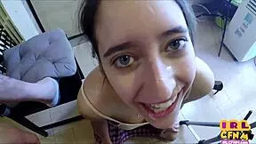 Cfnm stepdaughter sucks stepdad's cock close-up until massive facial finish