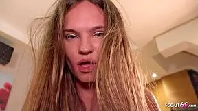 Irina Cage, petite teen with saggy tits, screams as German boy rams her with monster cock in hardcore homemade fuck
