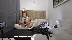 long-legged blonde in uniform skirt handjobs big cock to explosive cum