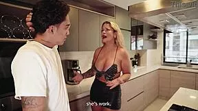 while auntie works nearby cougar sneaks off to seduce her niece's boyfriend for sneaky outdoor fun