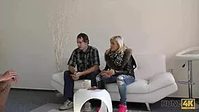 cuckold dude watches his petite euro babe suck and ride old man's cock for cash