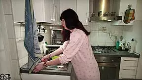 pregnant wife's intense kitchen tit wank post-dishes