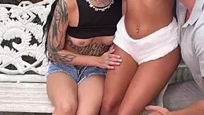 Petite Brazilian babe, show us your small tits and skinny tattooed body backstage naked!