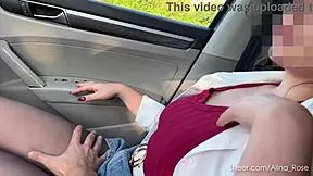 cheating wife sneaks footjob in pantyhose to lover inside moving car