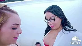 Close-up pounding Japanese girl's wet pussy while fucking hot blonde's tight ass