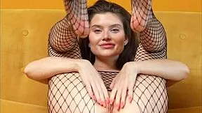 Masturbating Brunette Babe in Fishnets Shows Tight Pussy Asshole and Small Tits