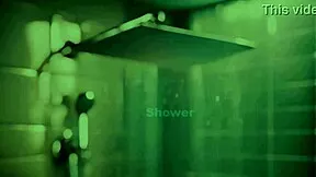RUNWAY-READY BRUNETTE STEPS INTO THE SHOWER, LETTING WATER CASCADE OVER HER PETITE BODY ON THE SOFA SET