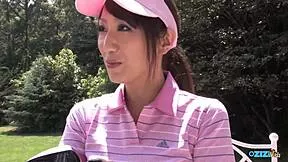 golf practice ends with fierce lady on knees deepthroating two cocks outdoors