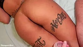 Tipping curvy Latina maid strips naked bends over for monster cock doggy POV