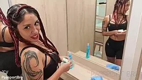 Tipping curvy Latina maid strips naked bends over for monster cock doggy POV