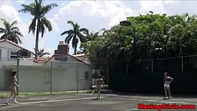 Holy shit hazing babes lick pussy wildly on tennis court!