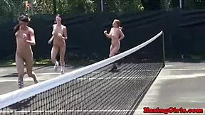 Holy shit hazing babes lick pussy wildly on tennis court!
