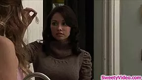 yo, this milf is totally making out and licking her lesbian babysitter's shaved pussy like crazy