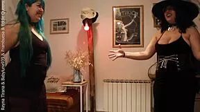 Three witches including pregnant one dress me as maid for rough lesbian orgy domination