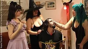 Three witches including pregnant one dress me as maid for rough lesbian orgy domination