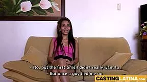 Petite Latina with small tits bent over sofa takes hardcore pussy pounding at casting