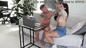 stepbrother blackmails wet pussy neighbor into rough riding his monster cock creampie cowgirl closeup