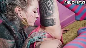 tattooed punk goths slap strap on in wild lesbian fuck