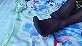 beautiful lola rozzie gives nylon pantyhose fetish pov blowjob footjob with deepthroat and cumshot on feet.