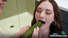 Stepson spies stepmom Erin Everheart coaching Olivia Madison on cucumber cock sucking skills