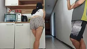 brunette latina housewife risks kitchen fuck with husband's friend bareback