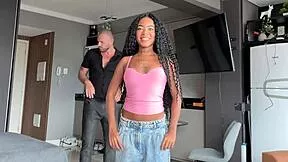 skinny brazilian housewife tattoos flash as she drops lingerie for black bull's huge cock in job interview