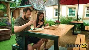 Beautiful Italian son's girlfriend risks shaved pussy doggystyle with boyfriend's daddy outdoors