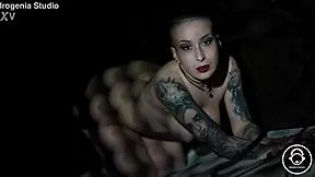 goth nerd with pierced nipples rips clothes for solo tease