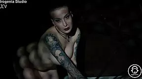 goth nerd with pierced nipples rips clothes for solo tease