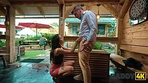 Beautiful Italian son's girlfriend risks shaved pussy doggystyle with boyfriend's daddy outdoors