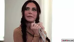 roommate walks in on petite brunette fingering her shaved pussy then joins the fun