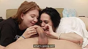 A juicy threesome with cute students deepthroating muscular bodybuilder cocks leads to sloppy creampie moans
