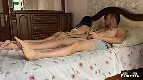 Stepmom shares bed with stepson riding cowgirl creampie pussy fingering to orgasm